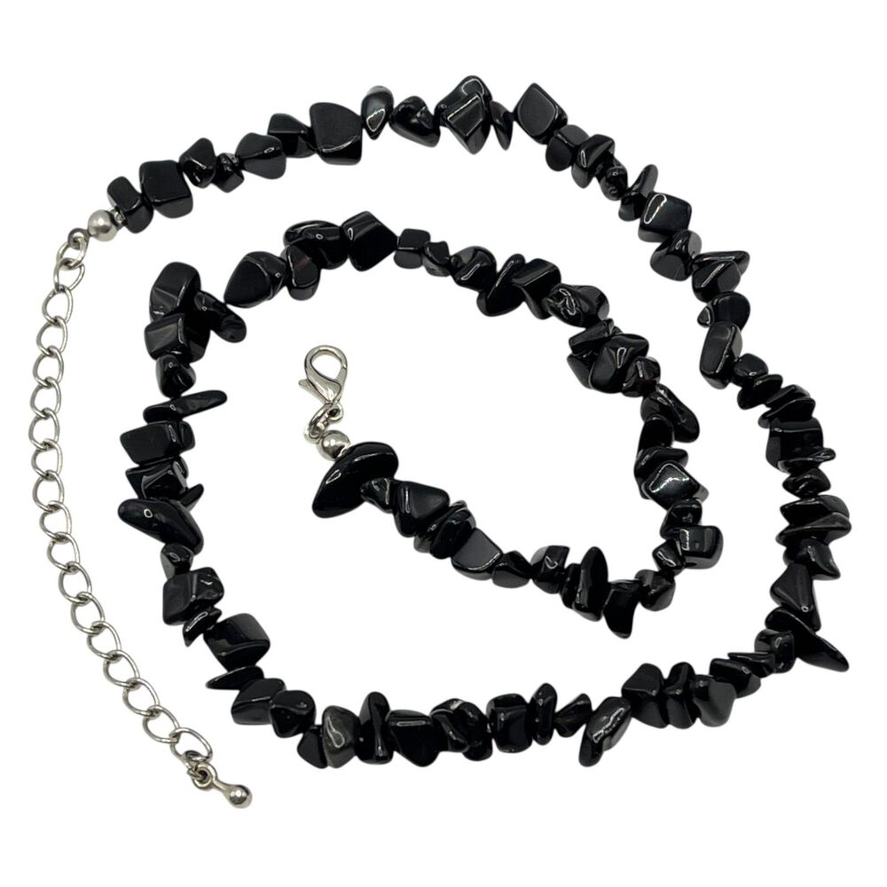 Black Gemstone Necklace Nugget Bead Polished Rock Chip Stone Casual Minimalist